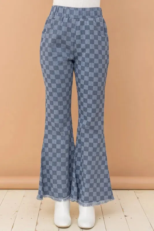 Medium Wash Denim Checkerboard High-Waisted Bell Bottom Pants