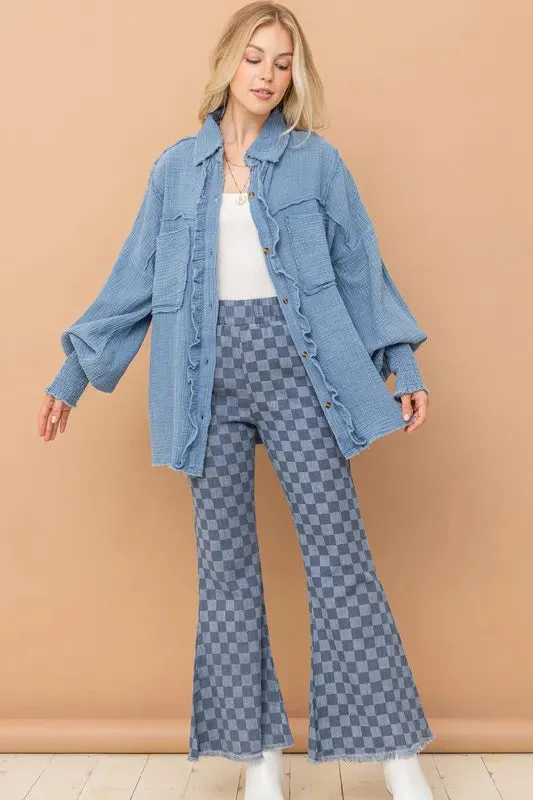 Medium Wash Denim Checkerboard High-Waisted Bell Bottom Pants