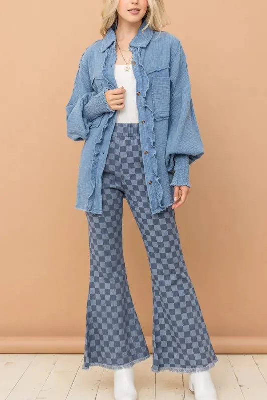 Medium Wash Denim Checkerboard High-Waisted Bell Bottom Pants