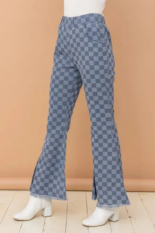 Medium Wash Denim Checkerboard High-Waisted Bell Bottom Pants