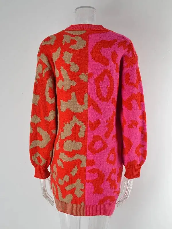 Mid-Length Leopard Knitted Cardigan Sweater