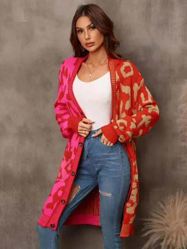 Mid-Length Leopard Knitted Cardigan Sweater