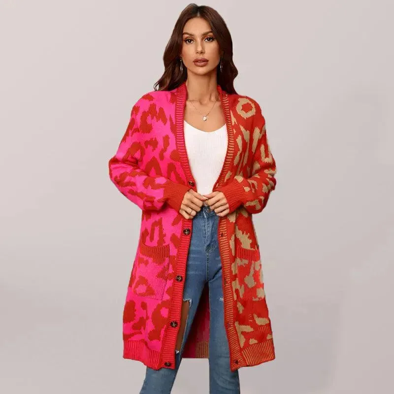 Mid-Length Leopard Knitted Cardigan Sweater