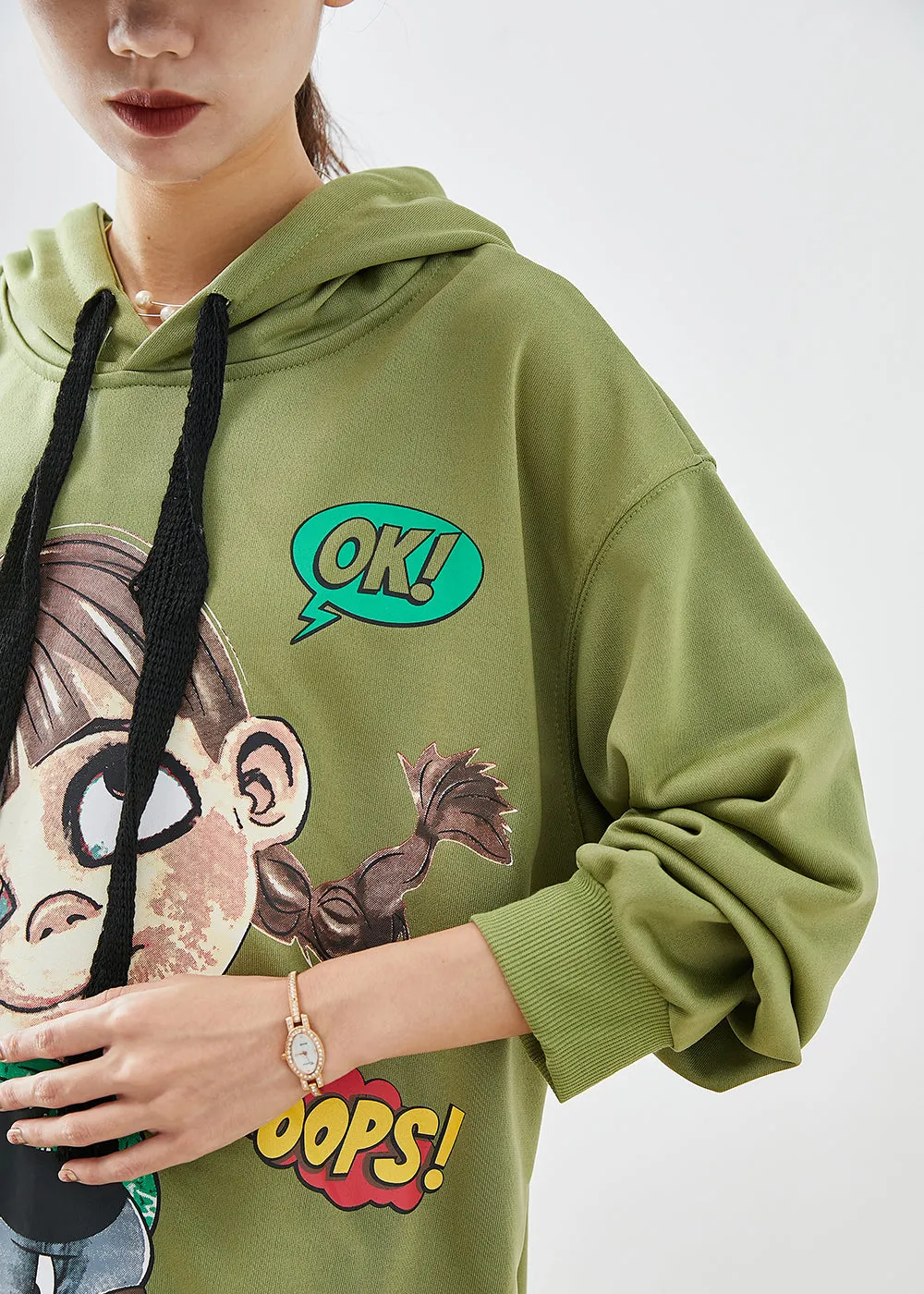 Modern Green Hooded Cartoon Print Cotton Sweatshirts Top Fall LY9248