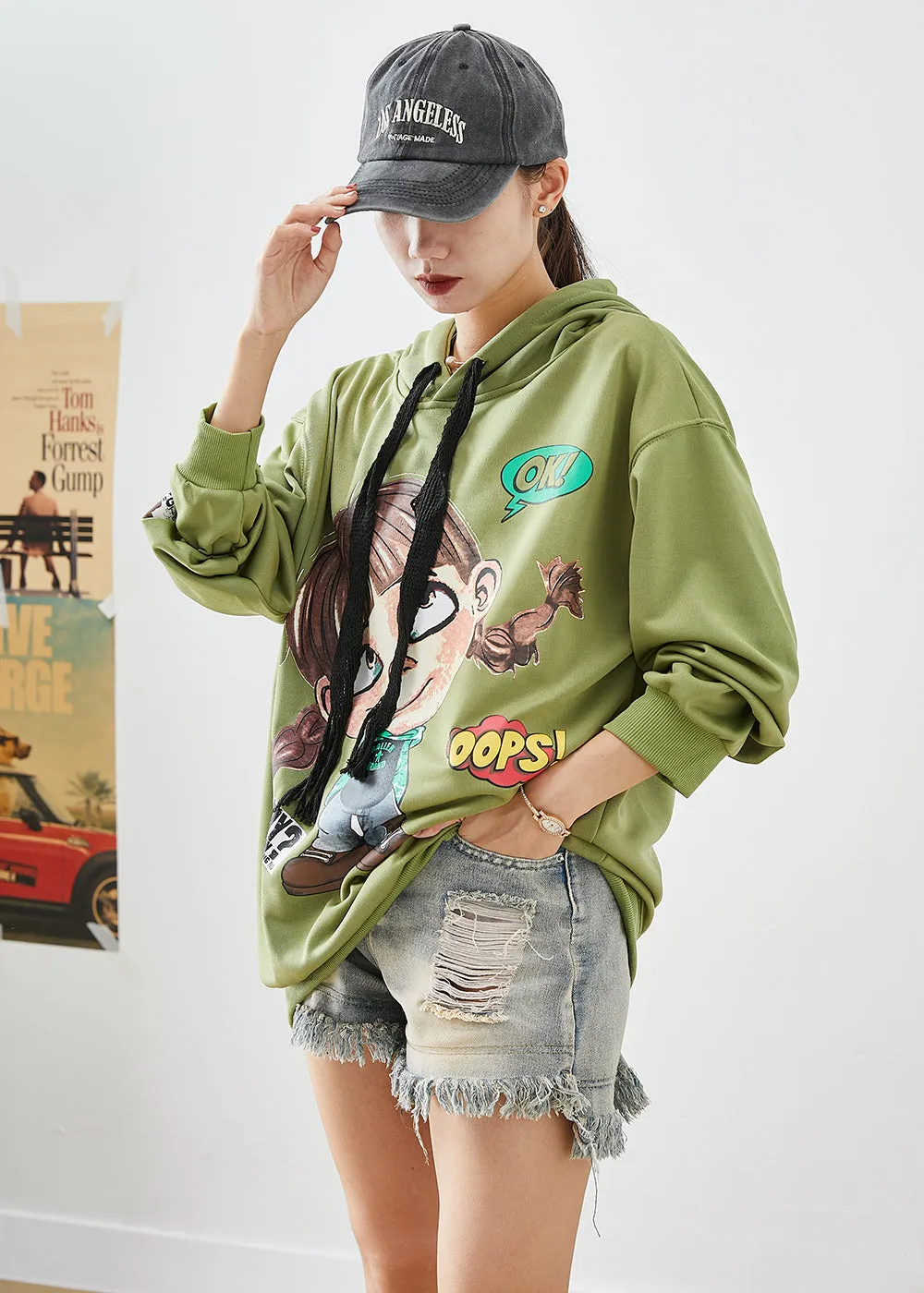 Modern Green Hooded Cartoon Print Cotton Sweatshirts Top Fall LY9248