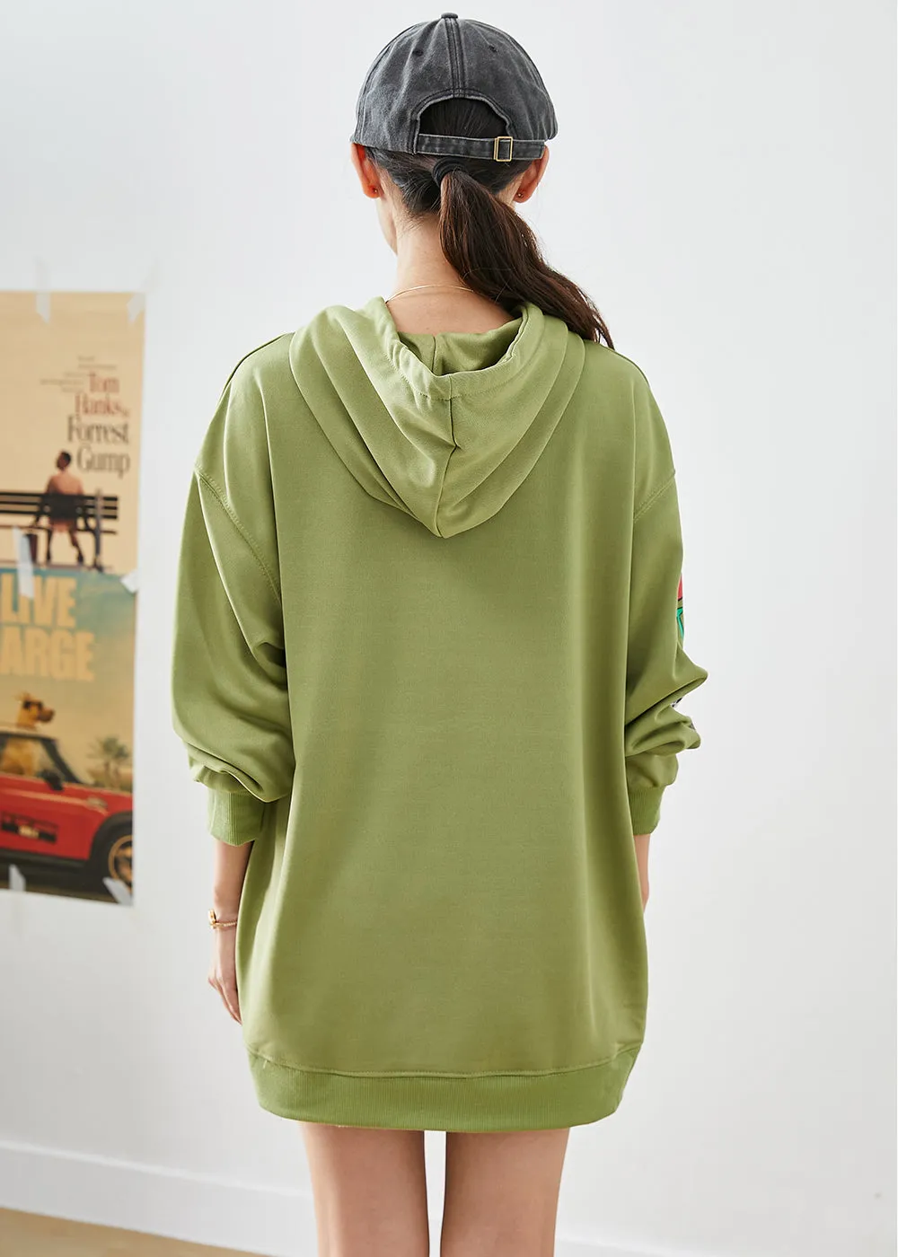 Modern Green Hooded Cartoon Print Cotton Sweatshirts Top Fall LY9248