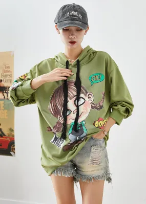 Modern Green Hooded Cartoon Print Cotton Sweatshirts Top Fall LY9248
