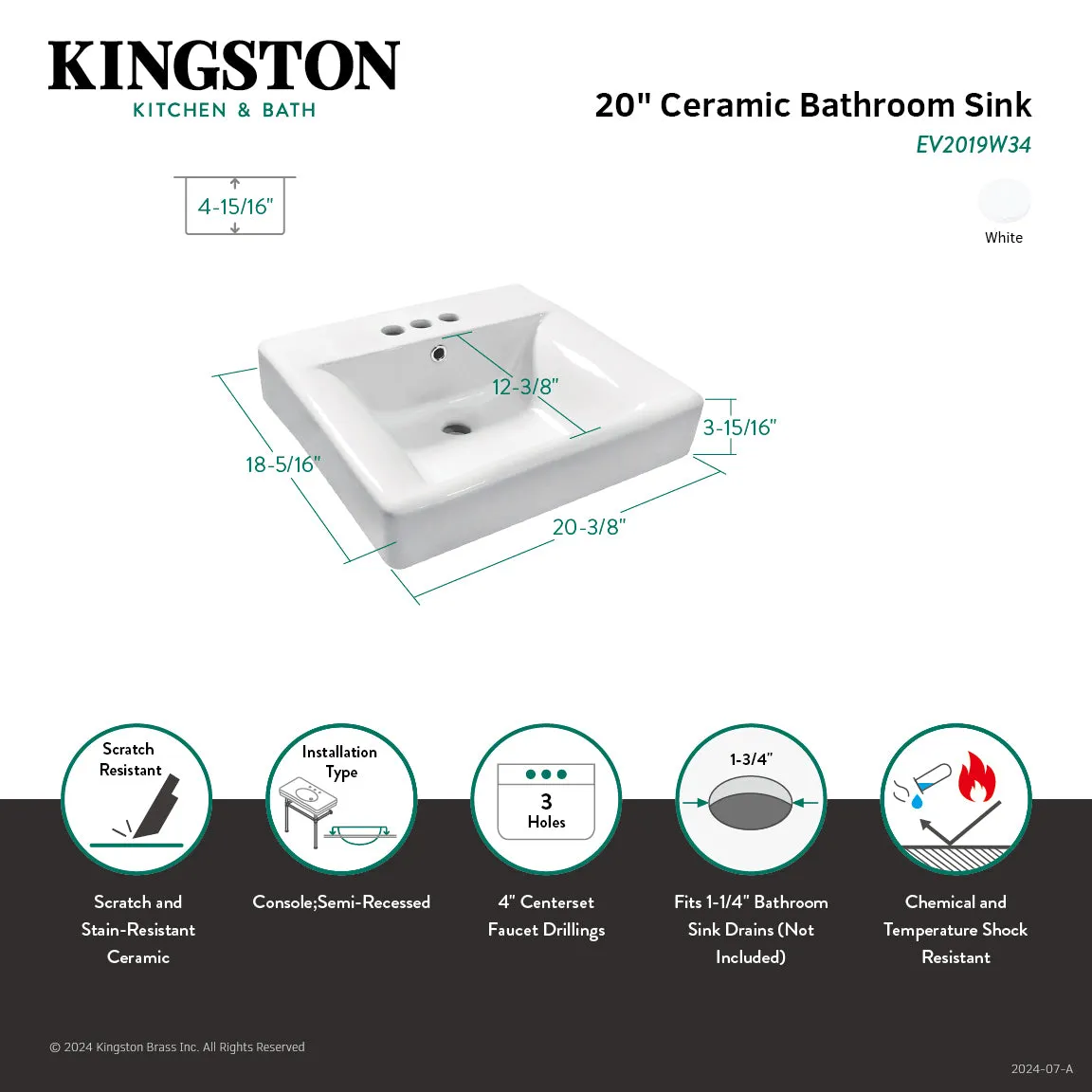 NuvoFusion EV2019W34 20-Inch Console Sink Basin (4-Inch, 3-Hole), White