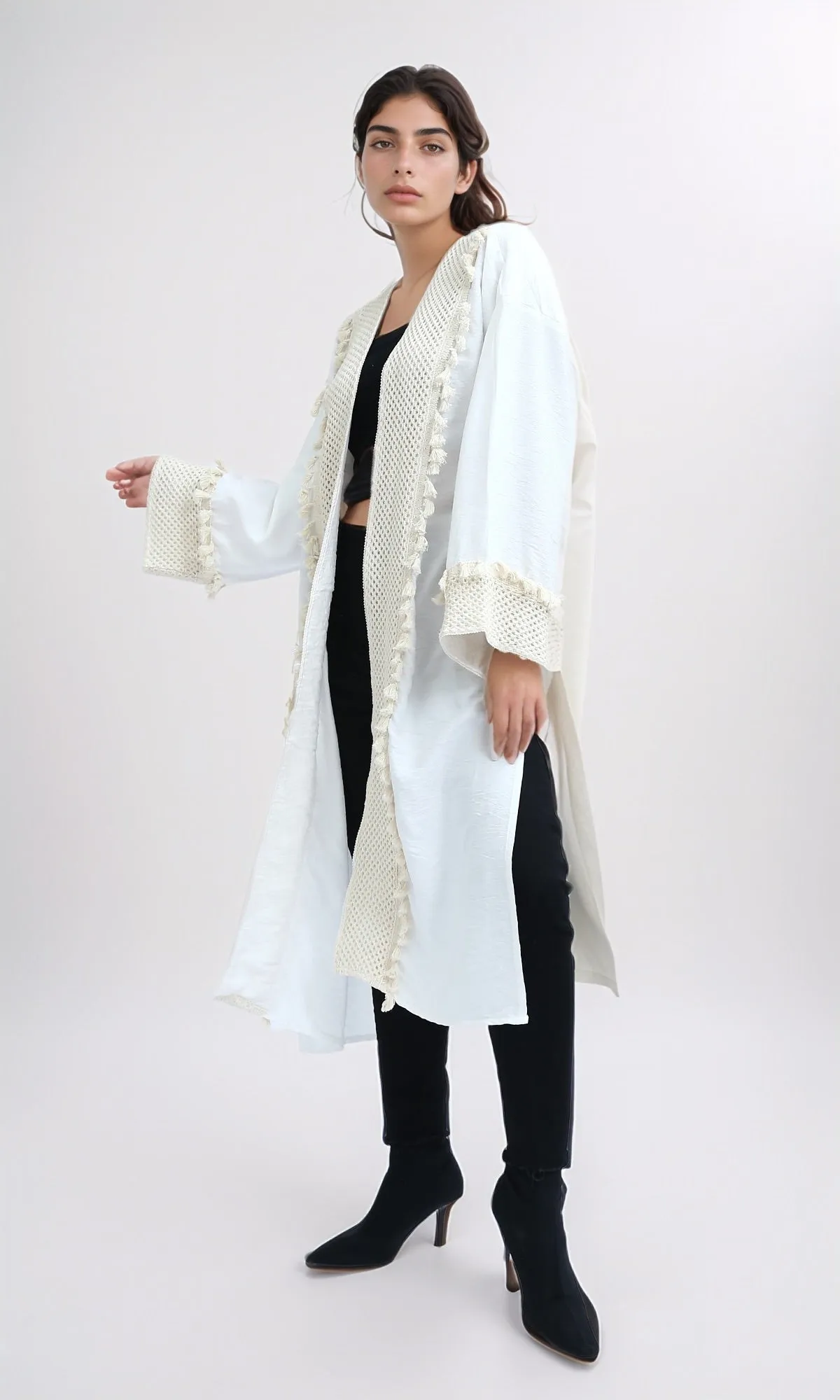 O198045 - Crochet Neckline White Summer Cardigan