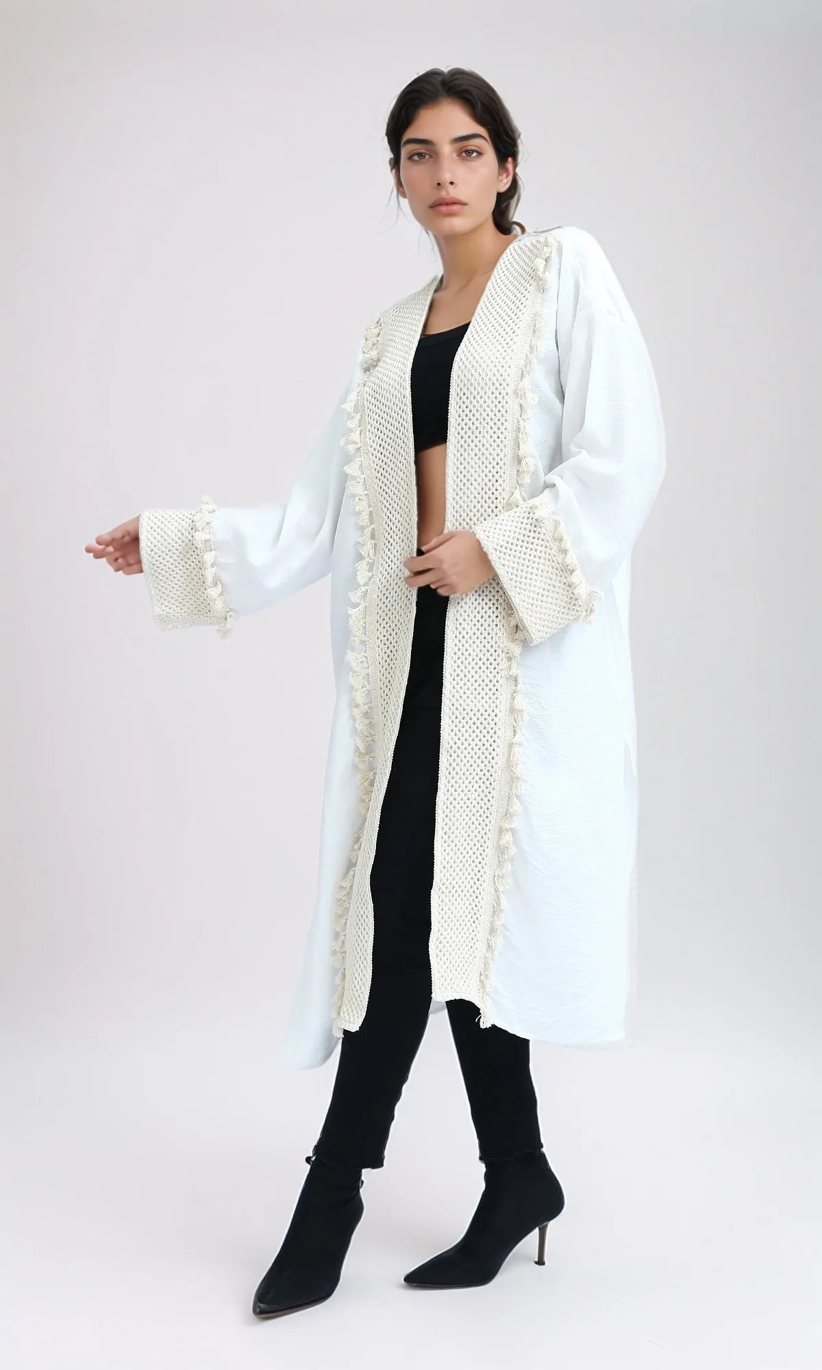 O198045 - Crochet Neckline White Summer Cardigan