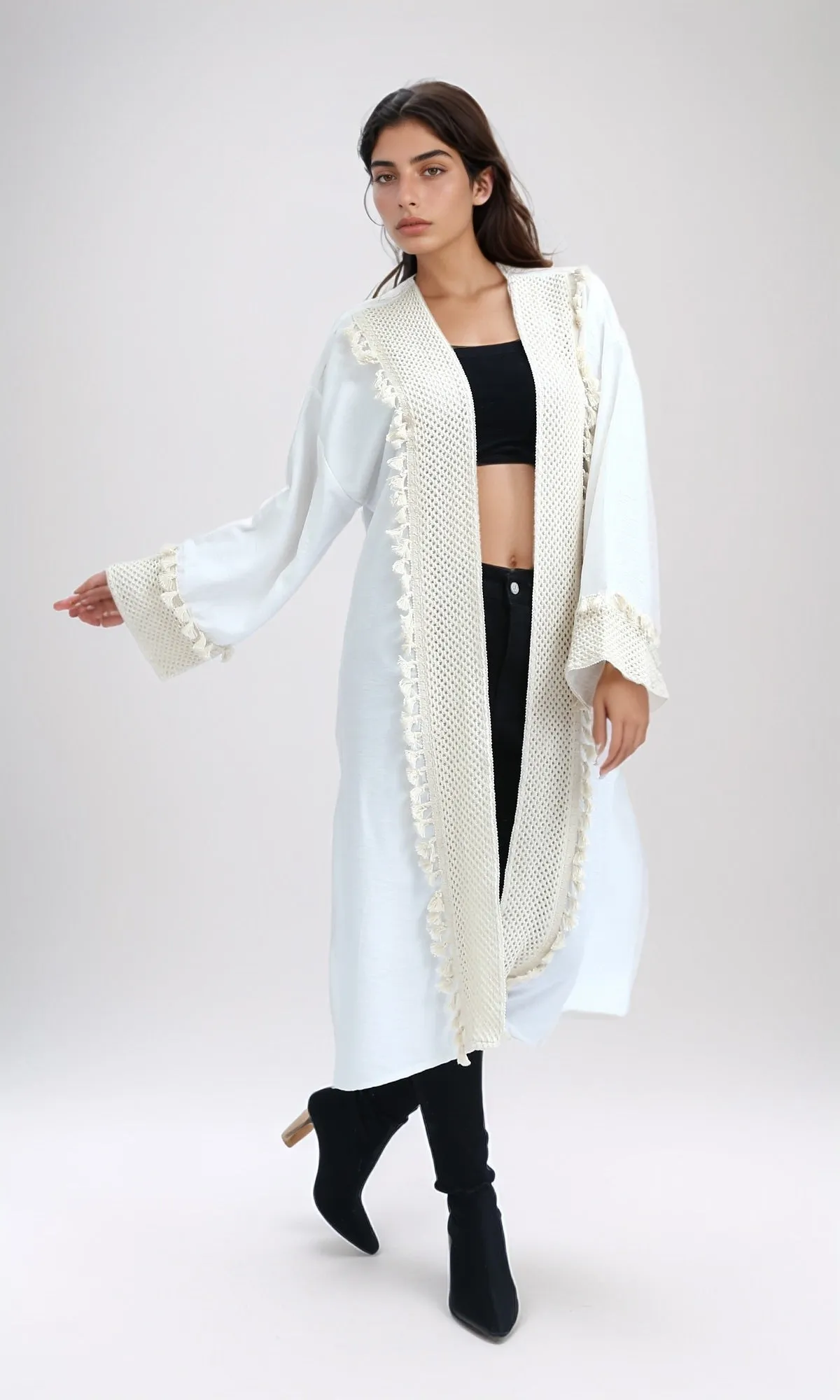O198045 - Crochet Neckline White Summer Cardigan