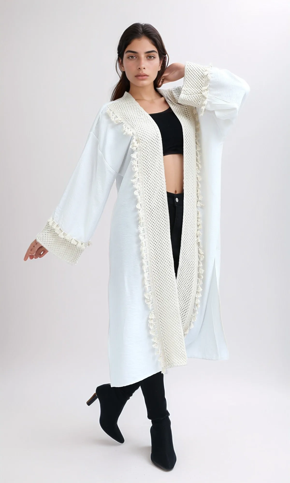 O198045 - Crochet Neckline White Summer Cardigan