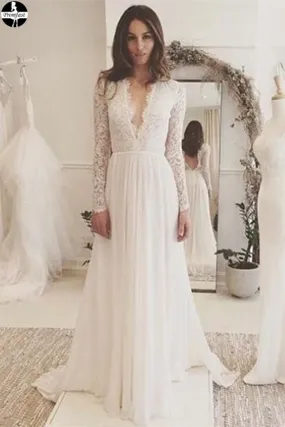 Promfast Chic A-line Wedding Dresses Long Sleeve V neck Romantic Wedding Dress With Lace PFW0529
