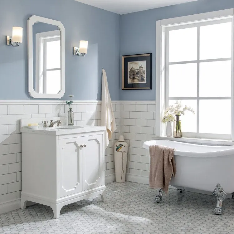 Queen 30" Single Bathroom Vanity in Pure White with Quartz Carrara Top and Faucet(s)
