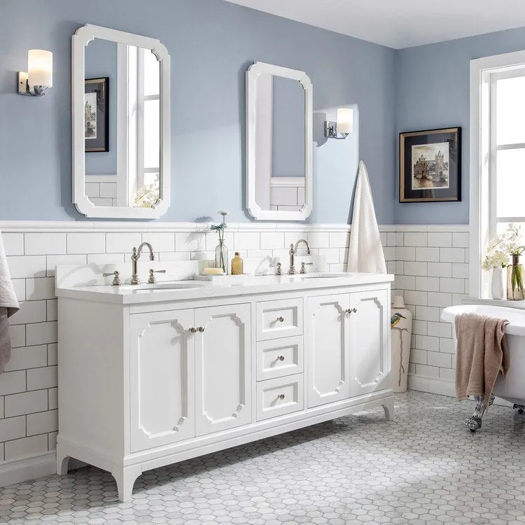 Queen 72" Double Bathroom Vanity in Pure White with Quartz Top, Mirror(s) and Faucet(s)