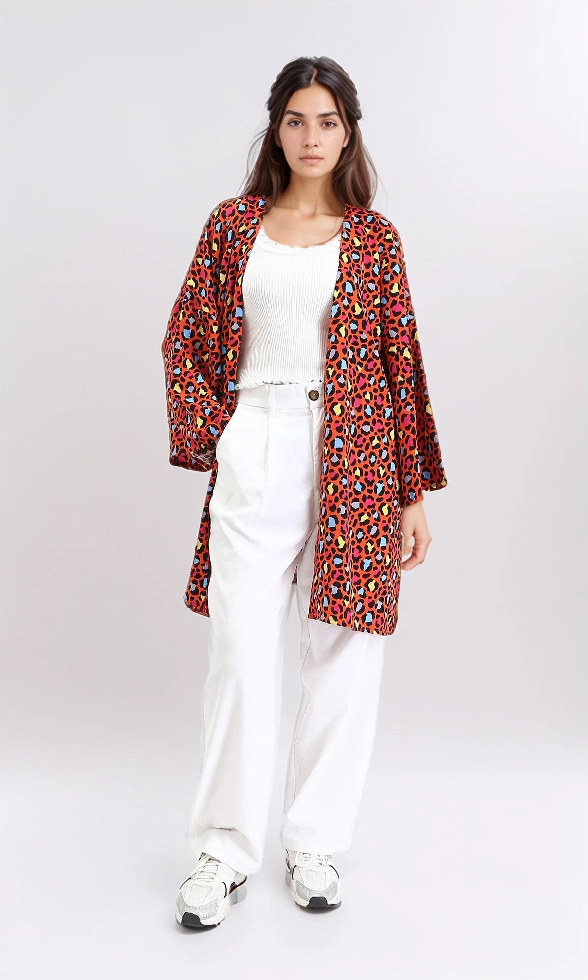 R210709 - Leopard Long Sleeves Colorful Cardigan - Orange