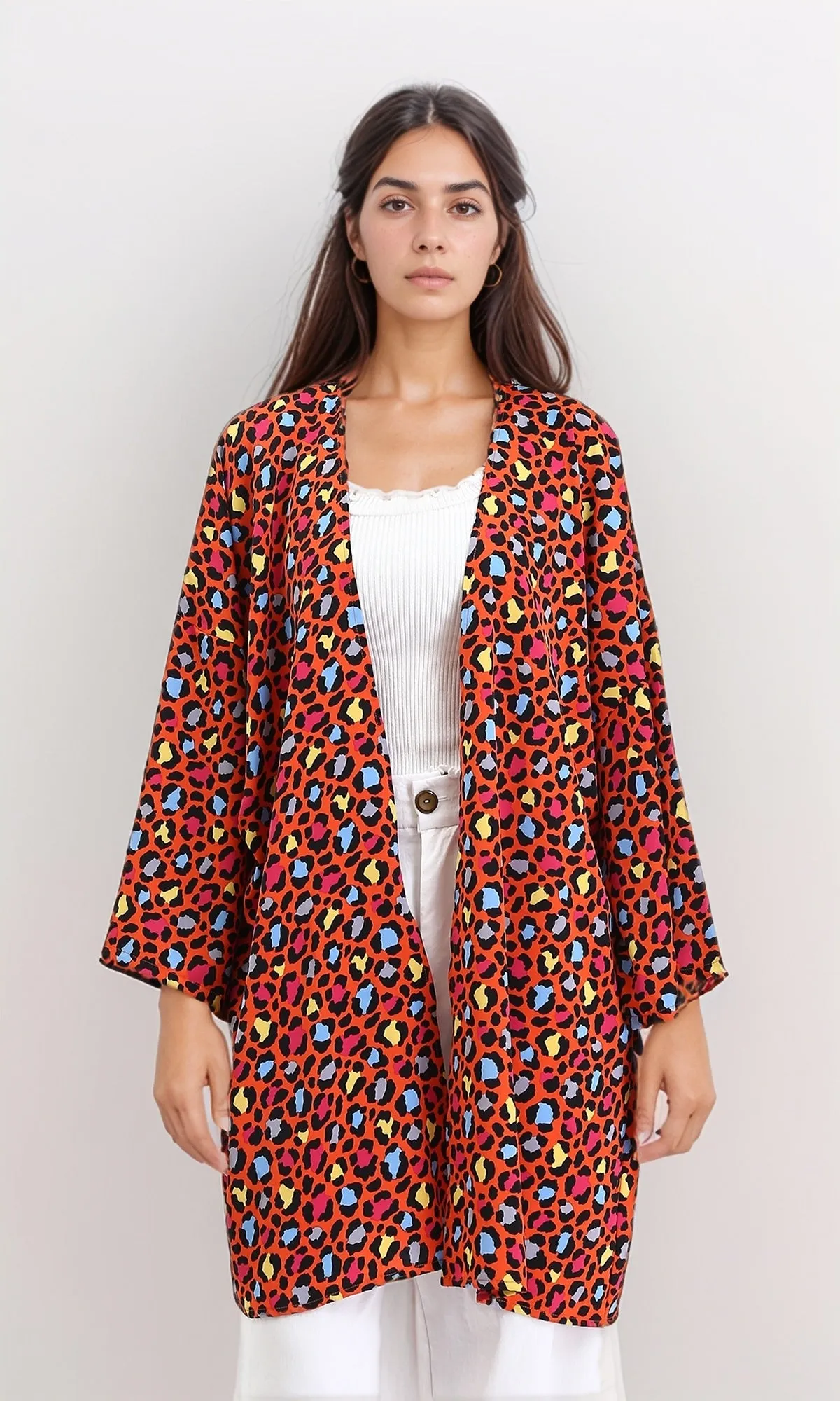 R210709 - Leopard Long Sleeves Colorful Cardigan - Orange