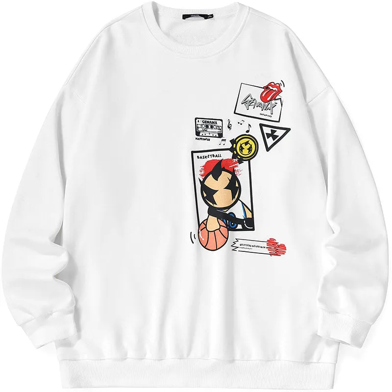 Street Cartoon Print Crew Neck Long Sleeve Sweatshirt
