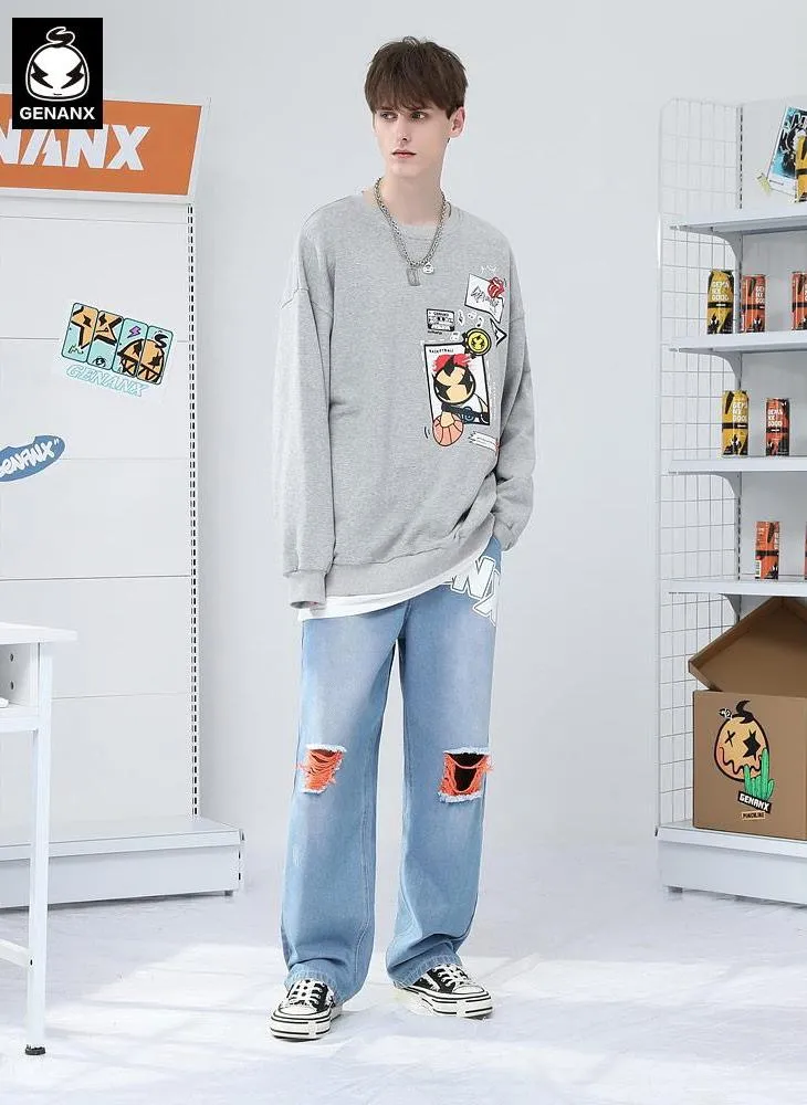 Street Cartoon Print Crew Neck Long Sleeve Sweatshirt