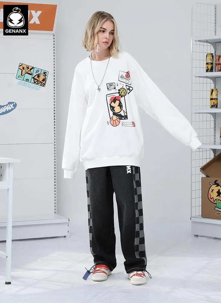 Street Cartoon Print Crew Neck Long Sleeve Sweatshirt