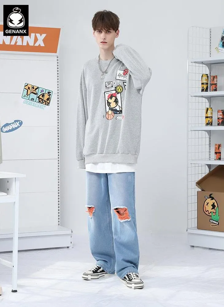 Street Cartoon Print Crew Neck Long Sleeve Sweatshirt