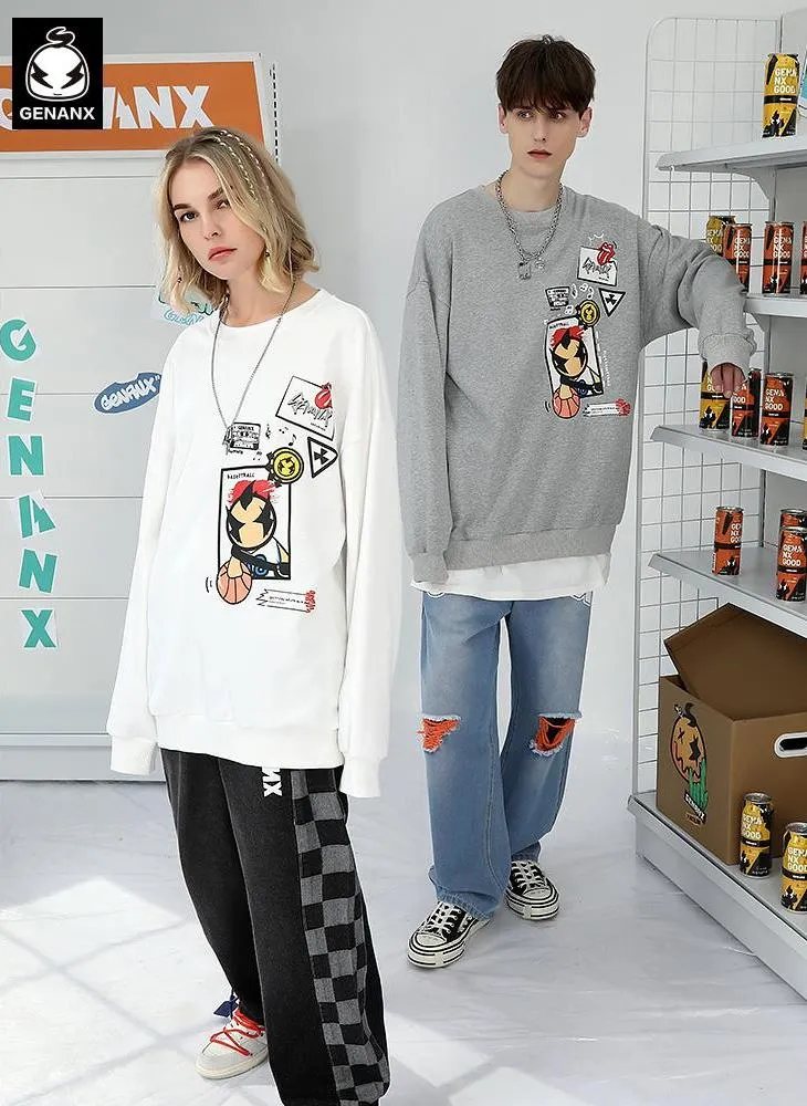 Street Cartoon Print Crew Neck Long Sleeve Sweatshirt