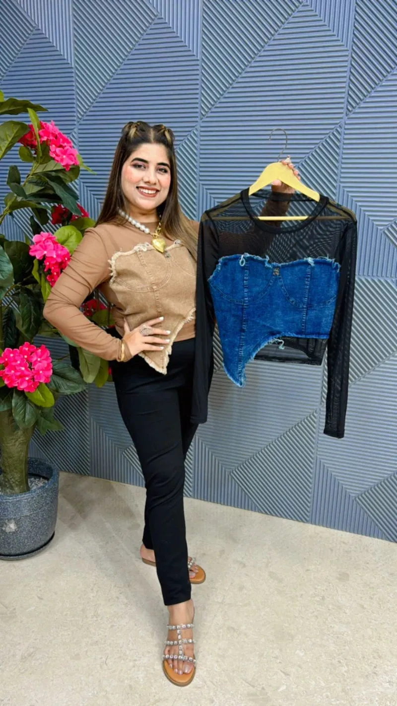 Stunning Power Net Denim Top GGR457