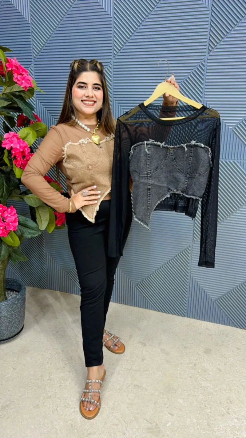 Stunning Power Net Denim Top GGR457