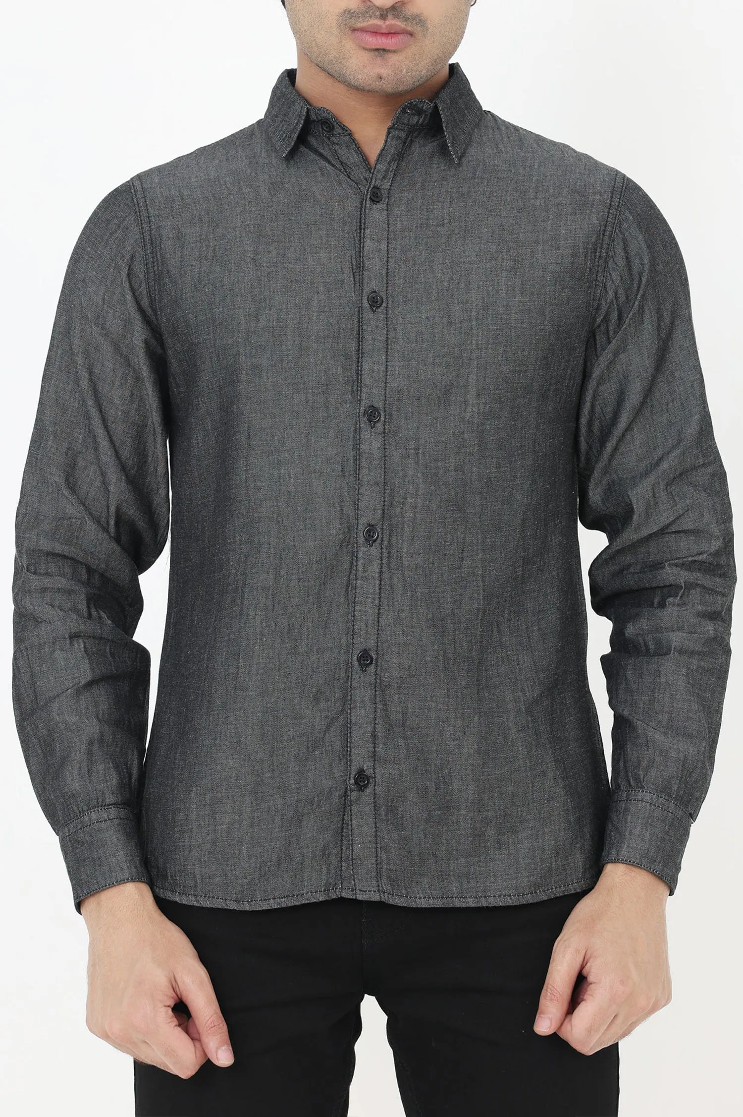 TRENDY FIT CASUAL DENIM SHIRT-CHARCOAL