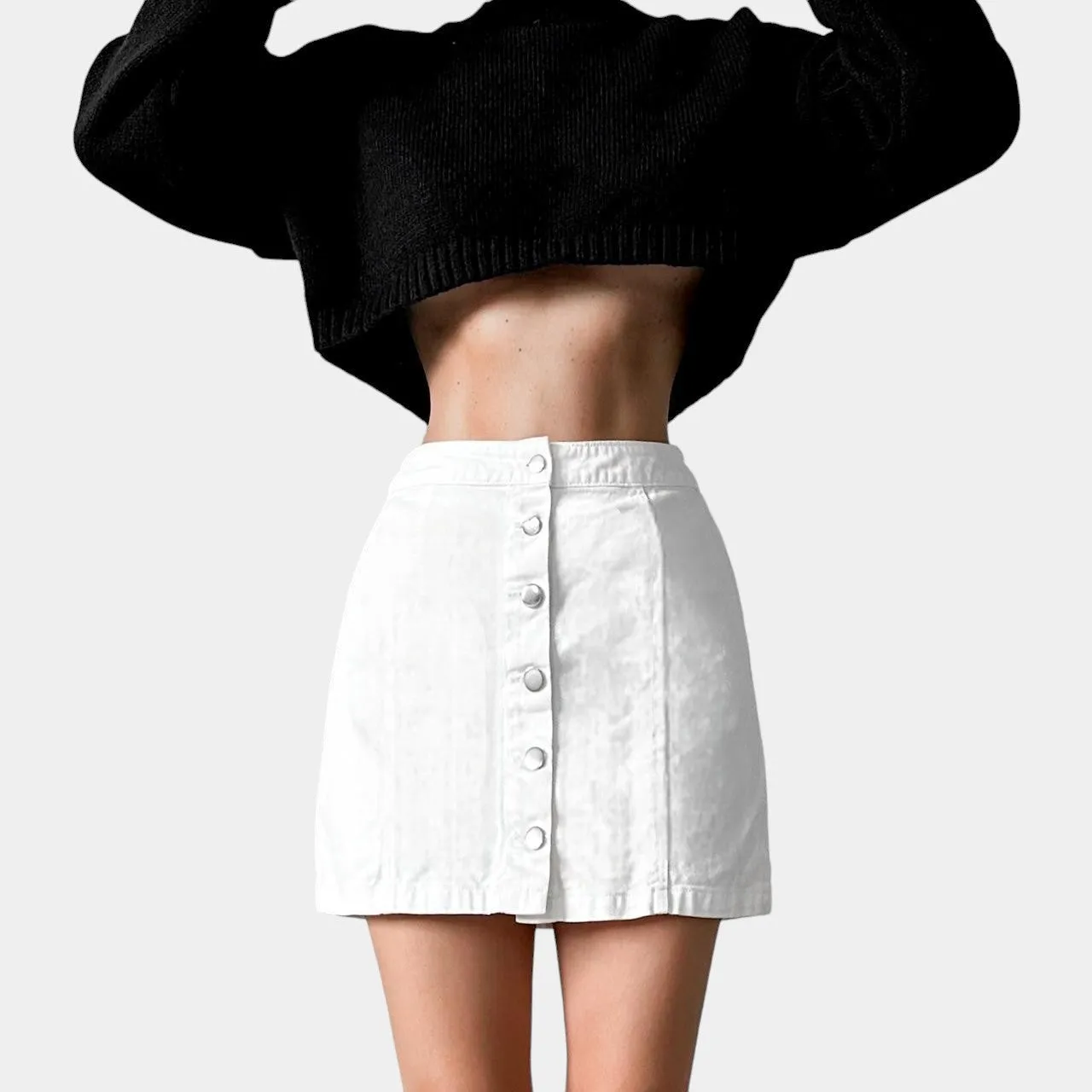 White H&M Button Front High Waisted Denim A-Line Mini Skirt Size XS/S