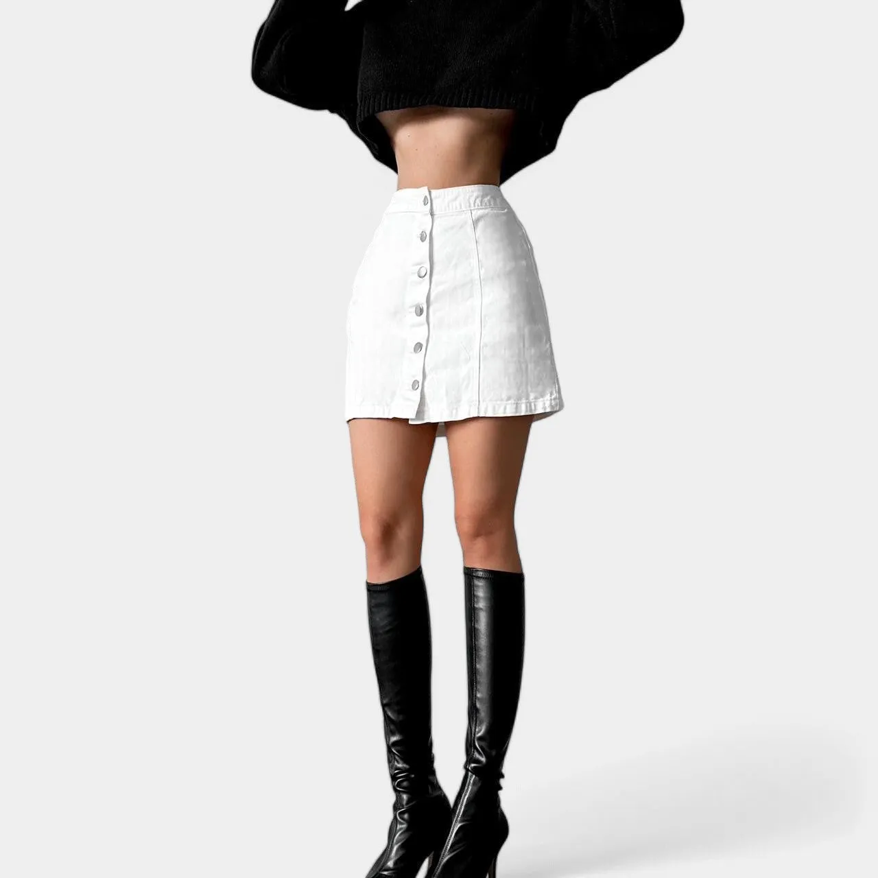 White H&M Button Front High Waisted Denim A-Line Mini Skirt Size XS/S
