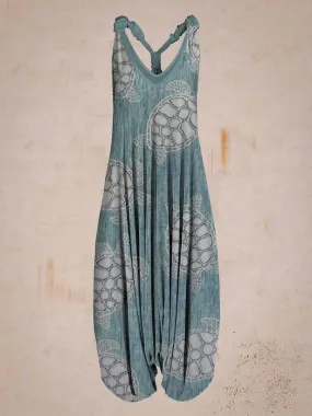 Women Summer Cute Blue Turtle Print Sleeveless Harem Jumpsuit